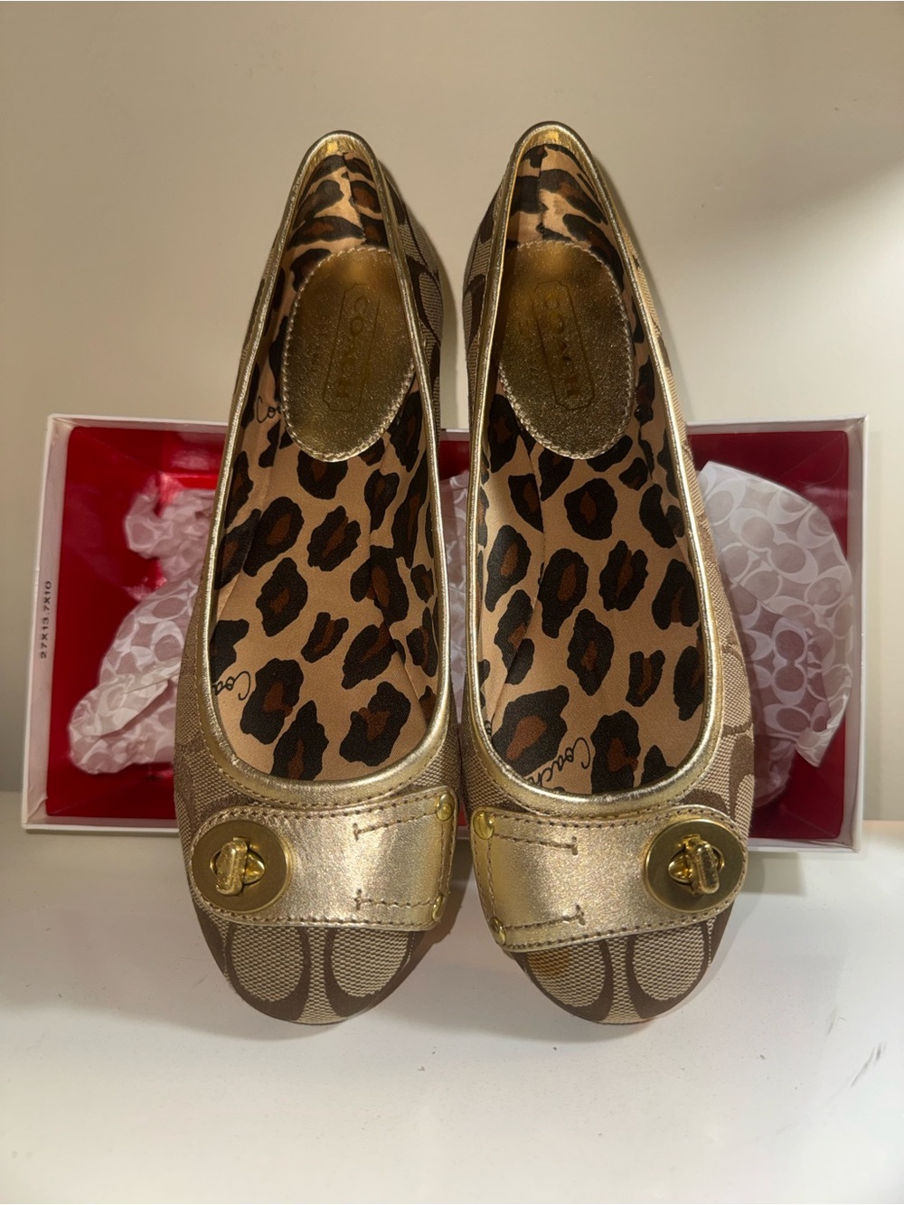 Coach Metallic Gold Signature Ballet Flats with Leopard Insole